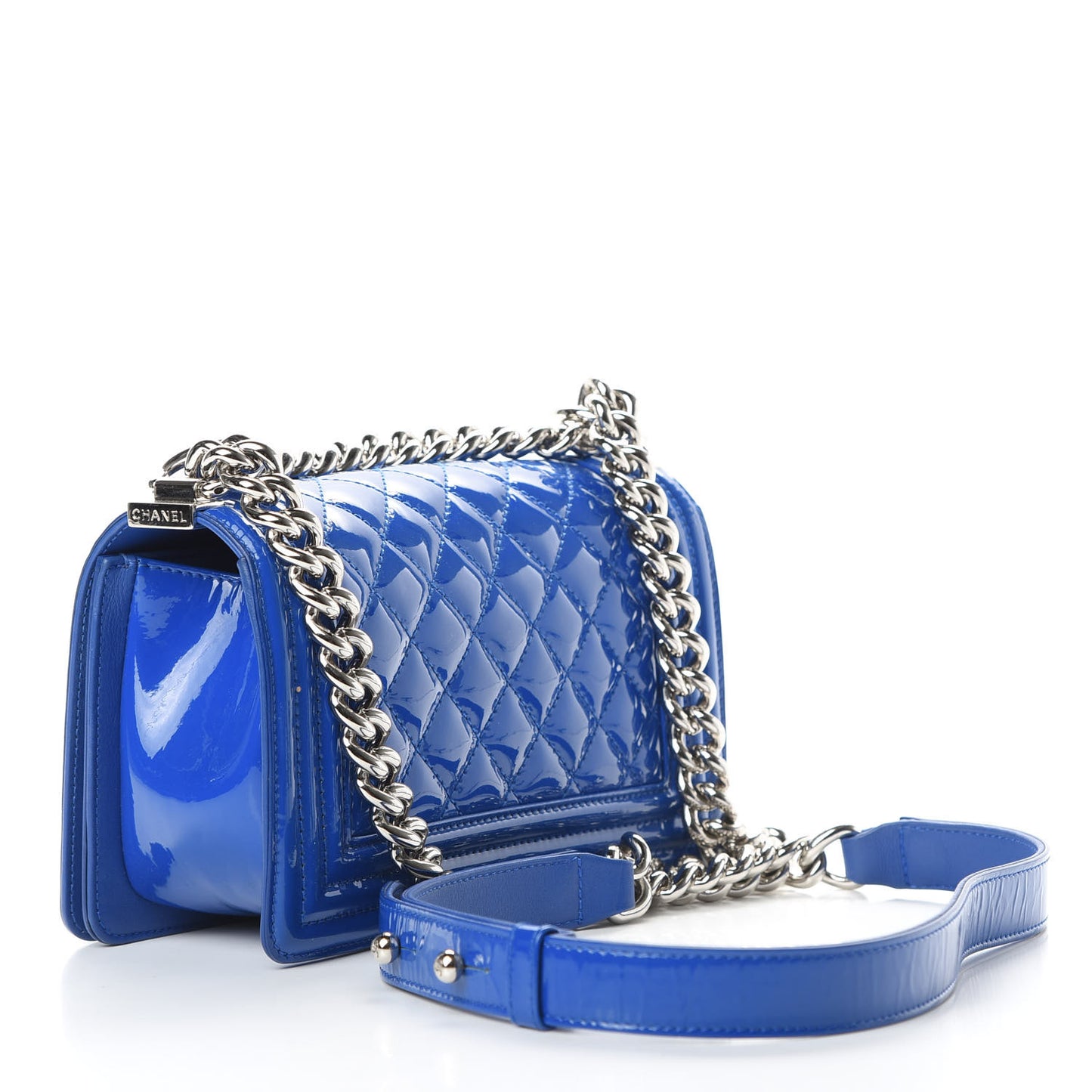 Patent Calfskin Quilted Small Plexiglass Boy Flap Blue