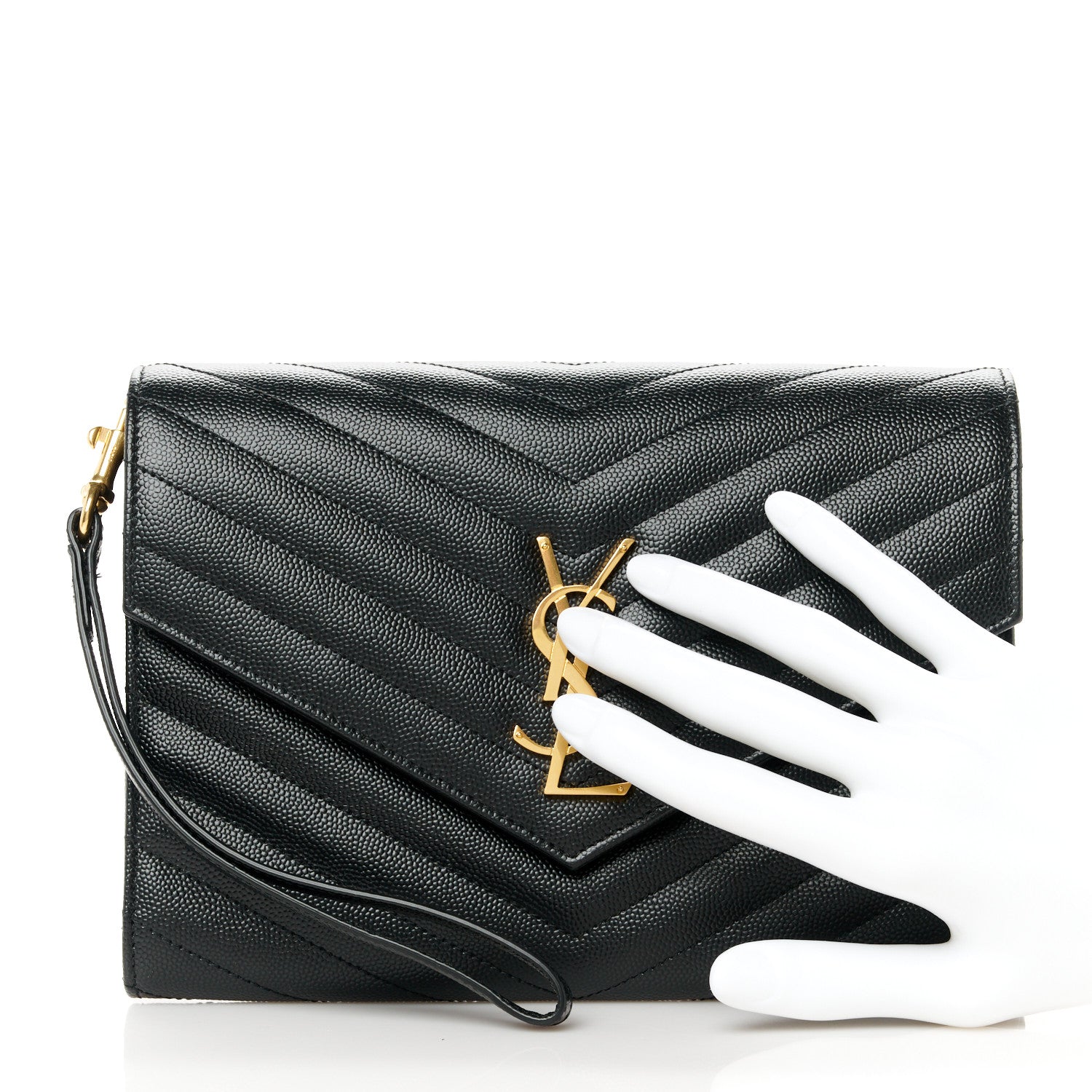 Saint Laurent Grain De Poudre Matelasse Chevron Monogram Envelope Clutch Black 2 of 11