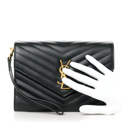 Saint Laurent Grain De Poudre Matelasse Chevron Monogram Envelope Clutch Black 2 of 11