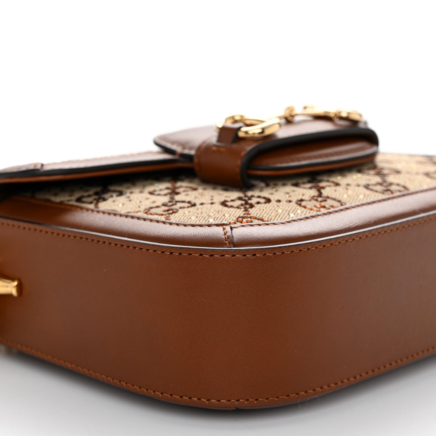 Gucci New Canvas Charisma Calfskin Crystal GG Monogram Mini Horsebit 1955 Shoulder Bag Camel Ebony 10 of 10