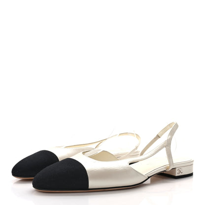 Chanel Iridescent Calfskin Cap Toe CC Slingback Pumps 39.5 White Black 3 of 7