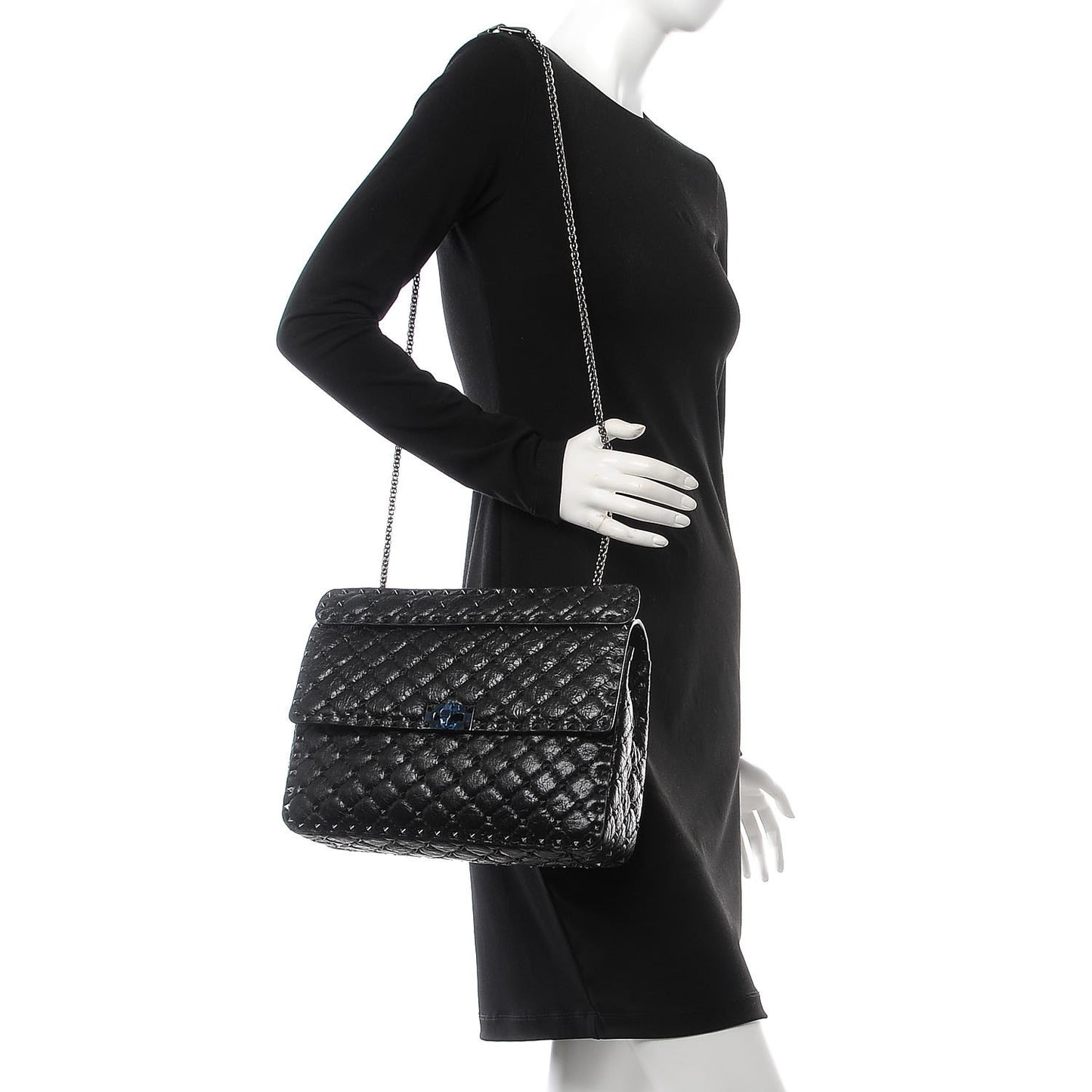 Craquele Nappa Large Rockstud Spike Shoulder Bag Black
