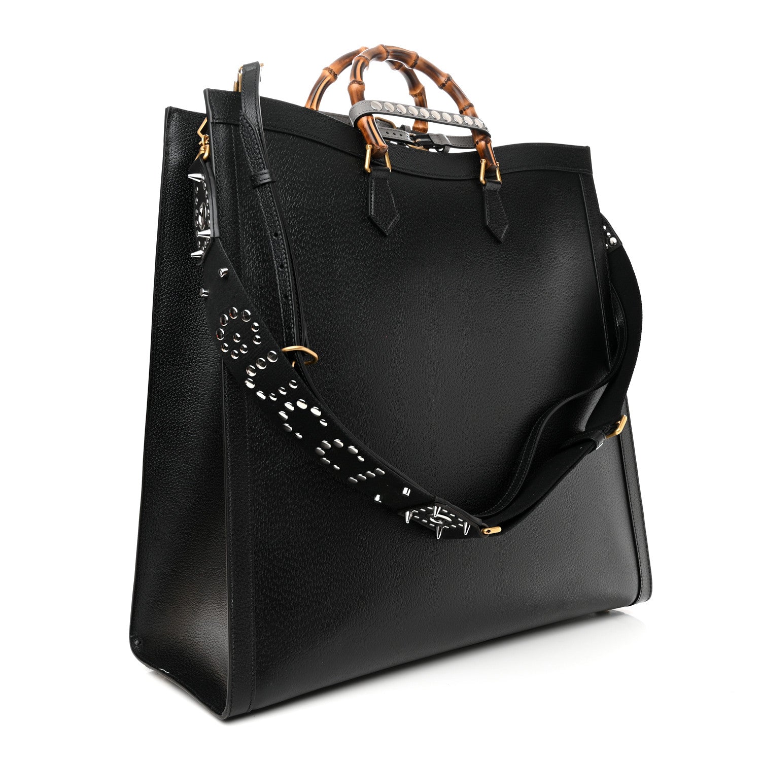 Gucci Textured Dollar Calfskin Stripe Studded Maxi Diana Tote Bag Black Multicolor 3 of 11