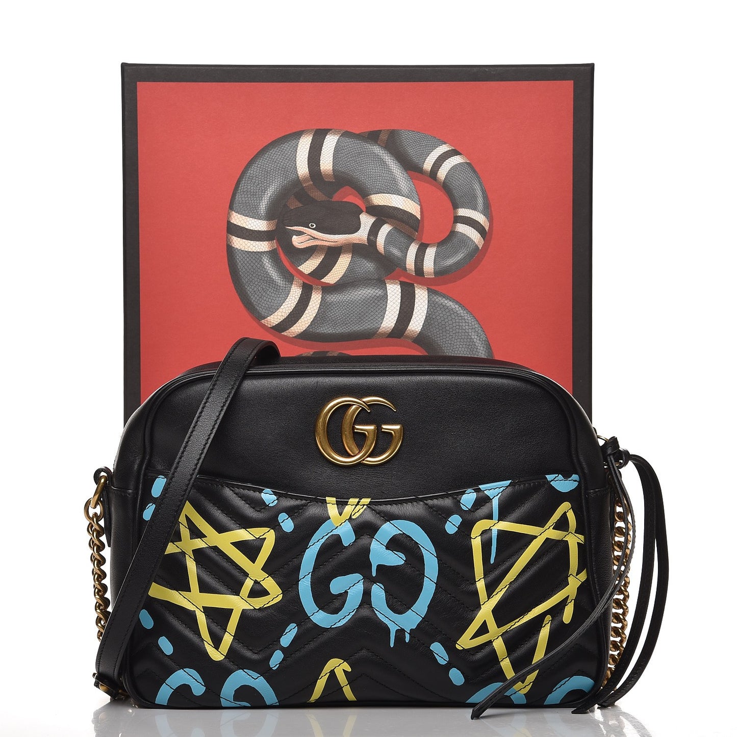 Calfskin Matelasse GucciGhost Medium GG Marmont Chain Shoulder Bag Black New Acquamarine