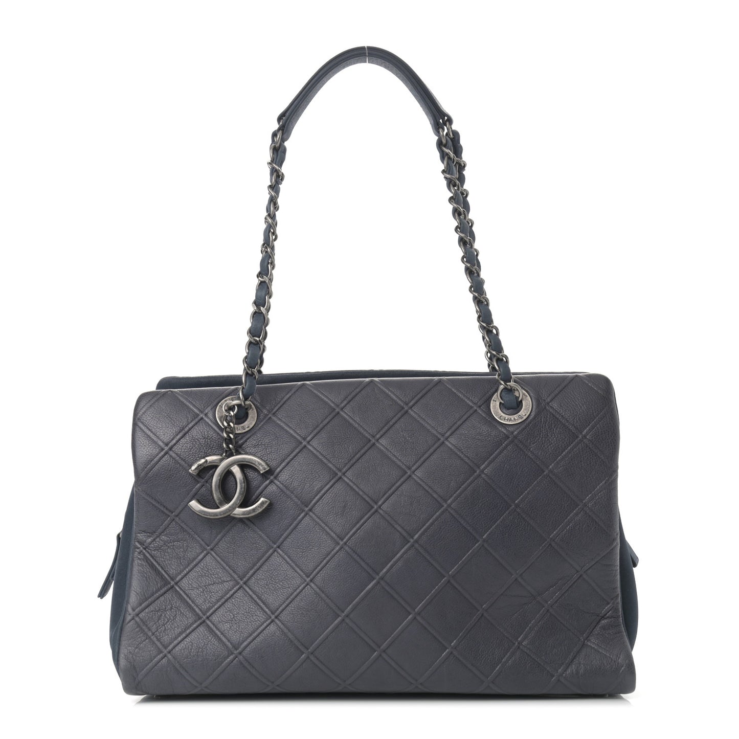 Calfskin Diamond Embossed Large CC Zip Shopping Tote Blue