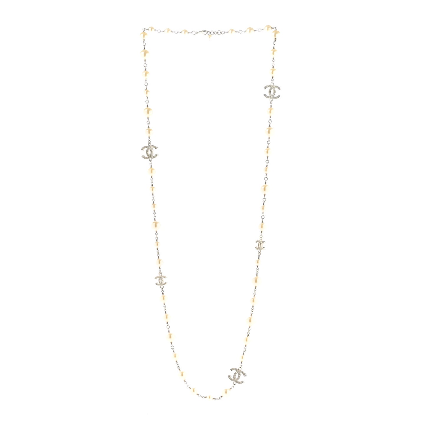 Graduated Pearl Crystal CC Long Necklace Silver
