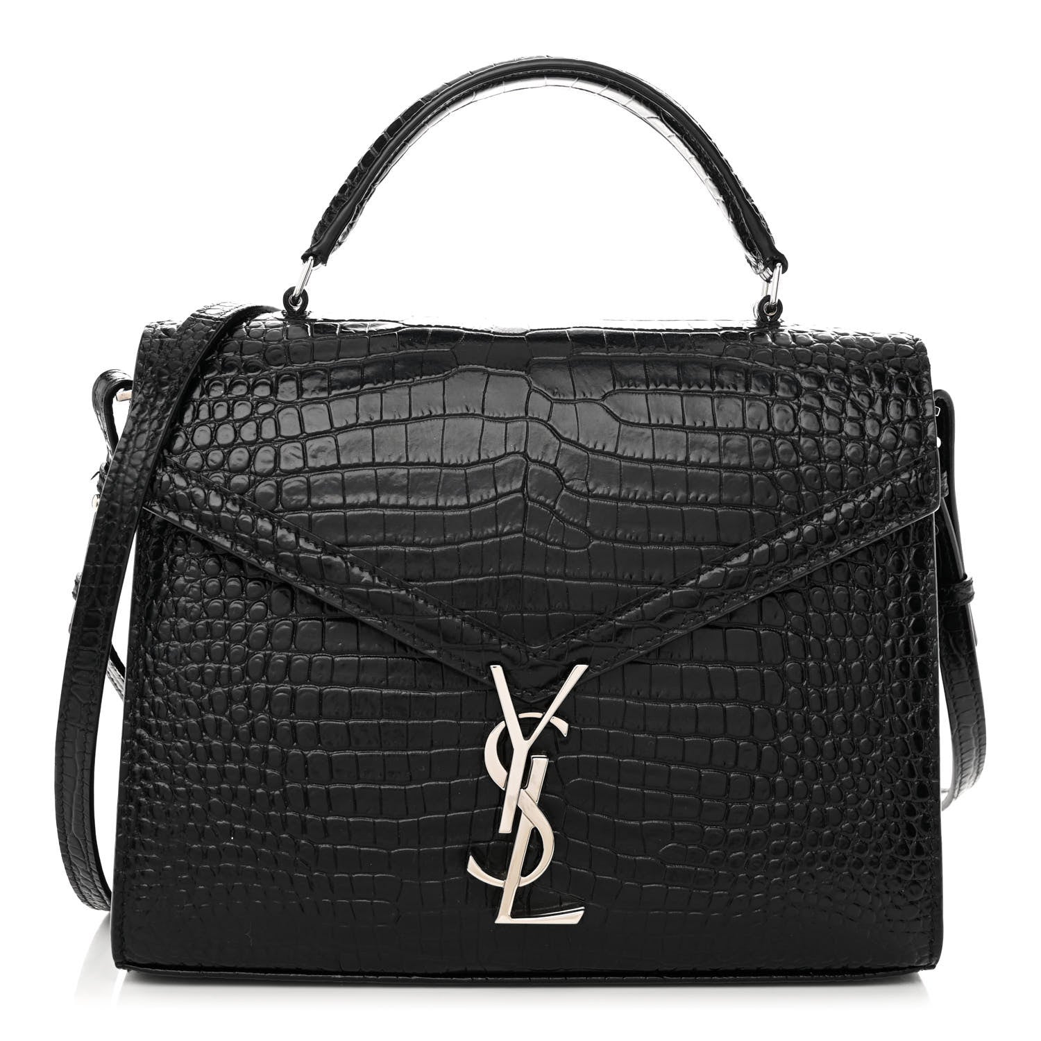 Saint Laurent Calfskin Crocodile Embossed Medium Classic Monogram Cassandra Top Handle Black 1 of 9
