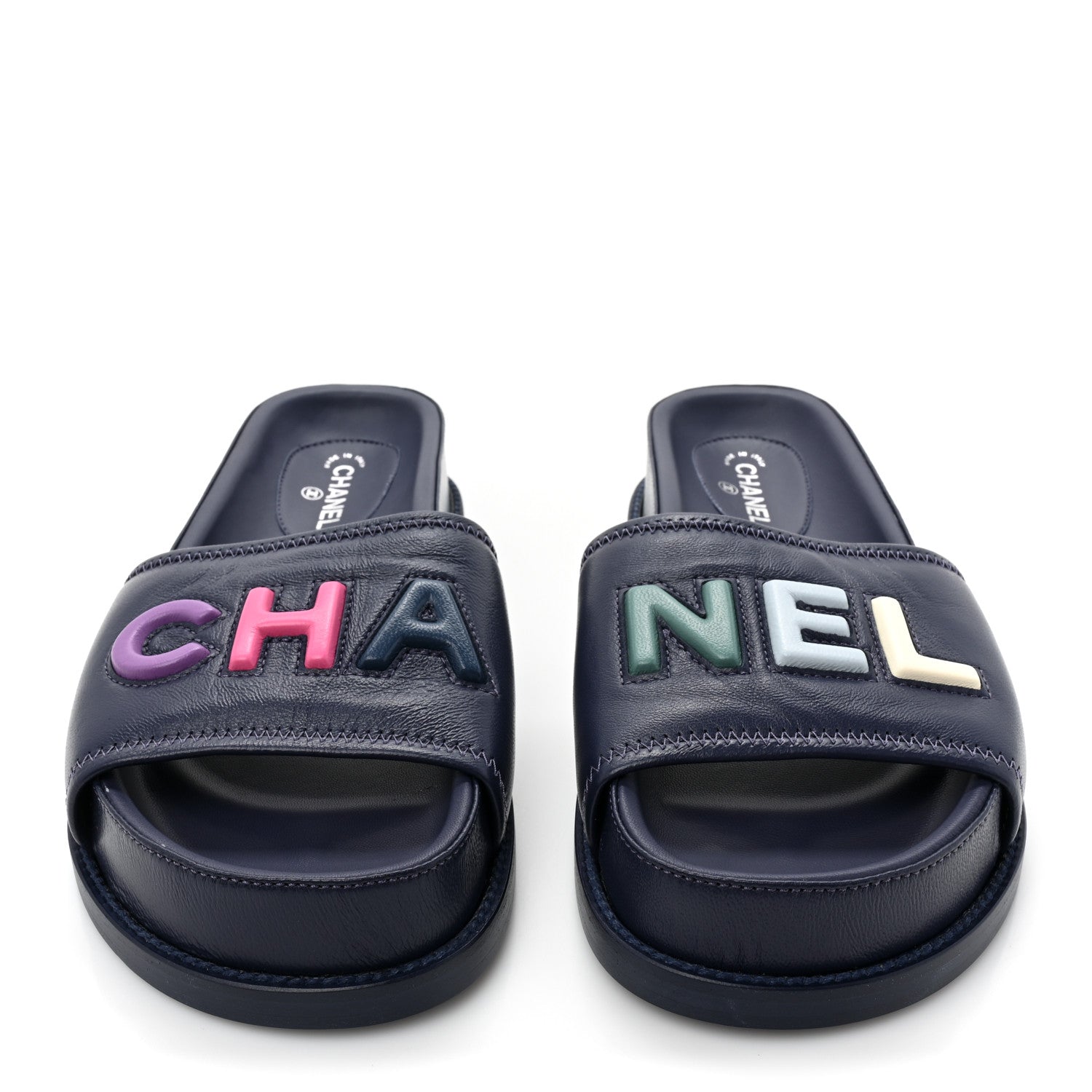 Chanel Lambskin Cha-Nel Mule Sandals 36.5 Navy Multicolor 2 of 11