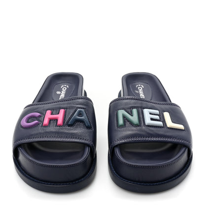 Chanel Lambskin Cha-Nel Mule Sandals 36.5 Navy Multicolor 2 of 11