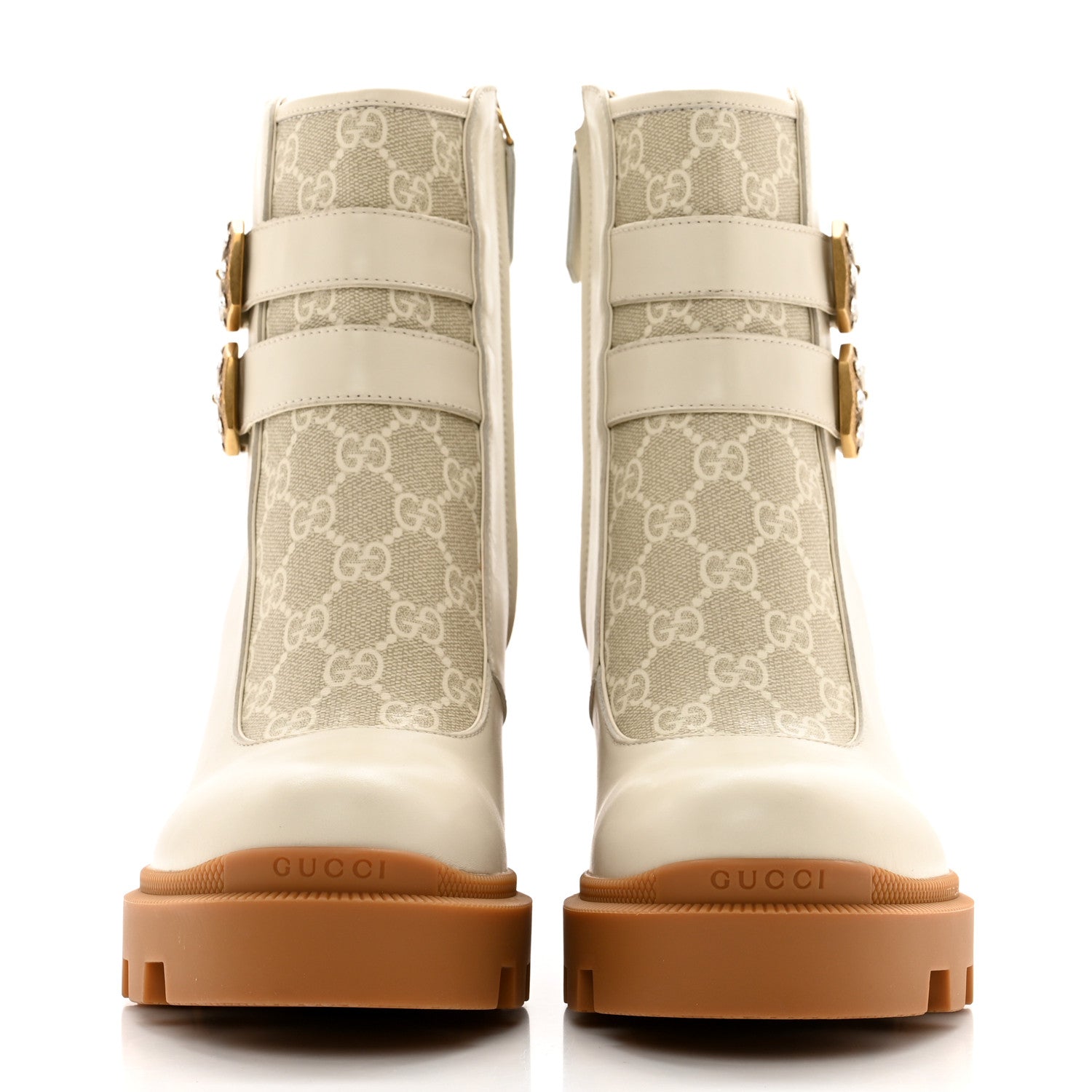 Gucci Kensington Calfskin Nappa GG Supreme Monogram Womens Double Buckle Ankle Boots 39 Mystic White Beige 2 of 9