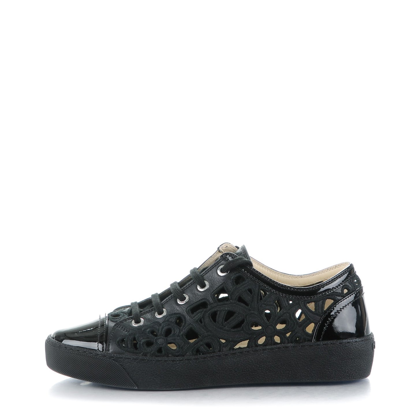 Patent Grained Goatskin Hollow Out Flower Sneakers 38.5 Black