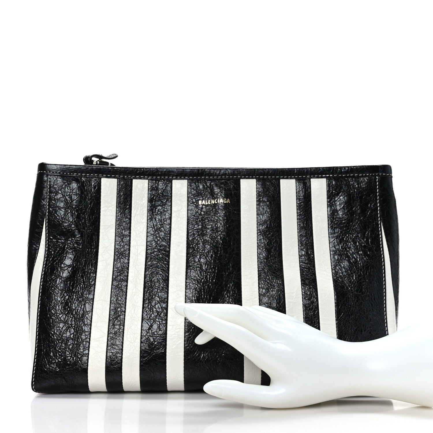 Balenciaga Agneau Arena Striped Patchwork Large Barbes Z Pouch with Handle Black White 2 of 8