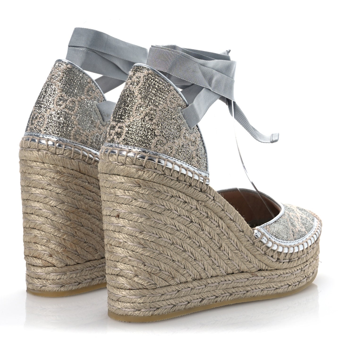 Lame GG Monogram Ankle Wrap Platform Espadrille Wedges 39 Silver Beige Light Grey