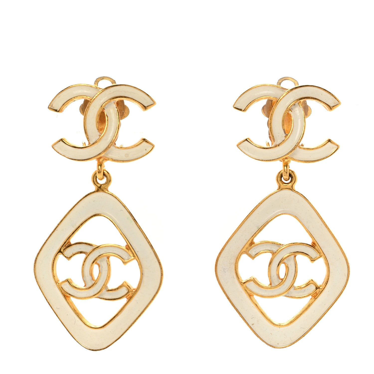 Chanel Enamel CC Drop Clip On Earrings Gold White 1 of 4