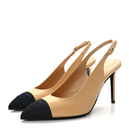 Chanel Goatskin Grosgrain Pointed Cap Toe CC Slingback Pumps 37 Beige Black 3 of 9