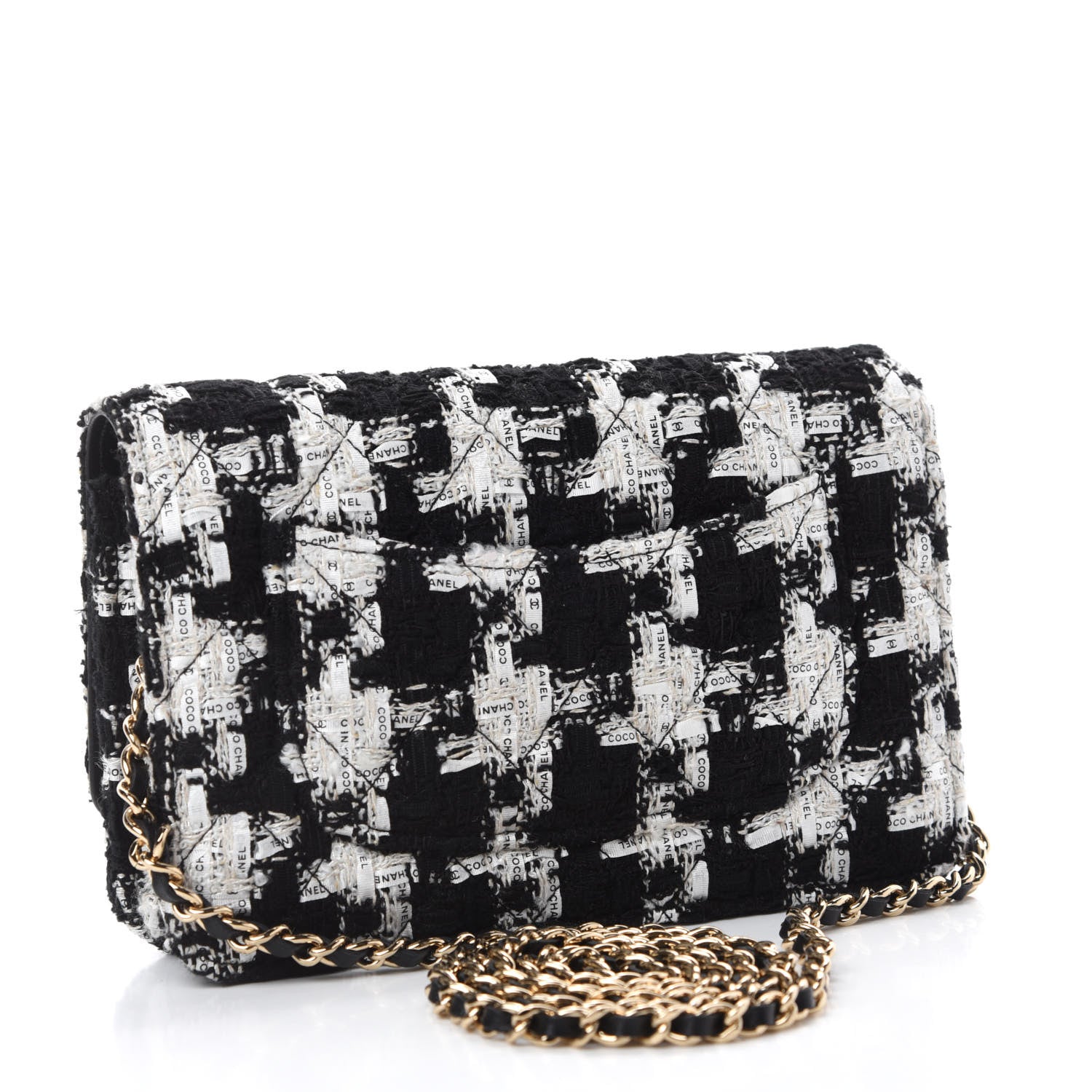 Chanel Tweed Quilted Wallet On Chain WOC Black Ecru White 3 of 12