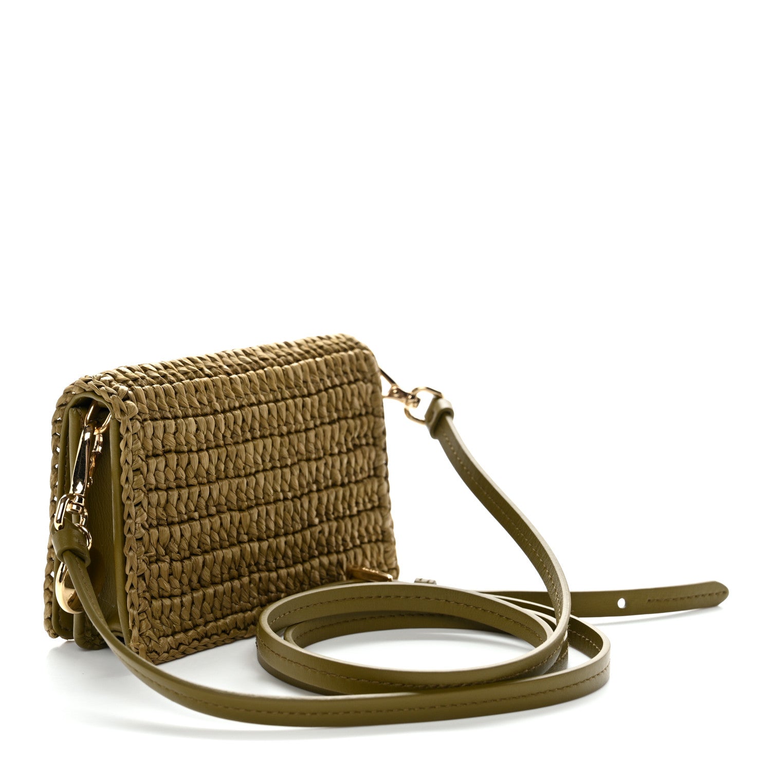 Prada Raffia Effect Crochet Metal Triangle Logo Card Holder Oliva