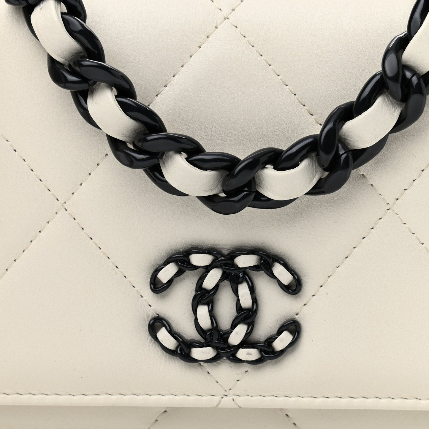 Glossy Calfskin Quilted Chanel 19 Wallet On Chain WOC White Black