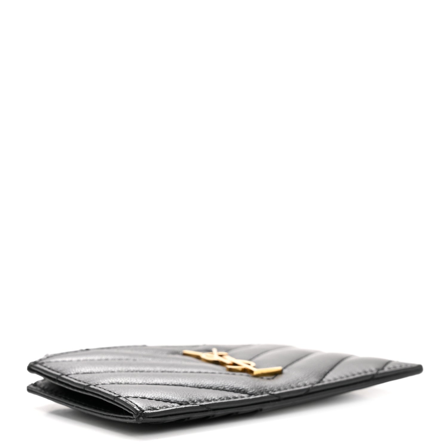 Saint Laurent Calfskin Matelasse Chevron Monogram Fragments Zippered Card Case Black 4 of 11