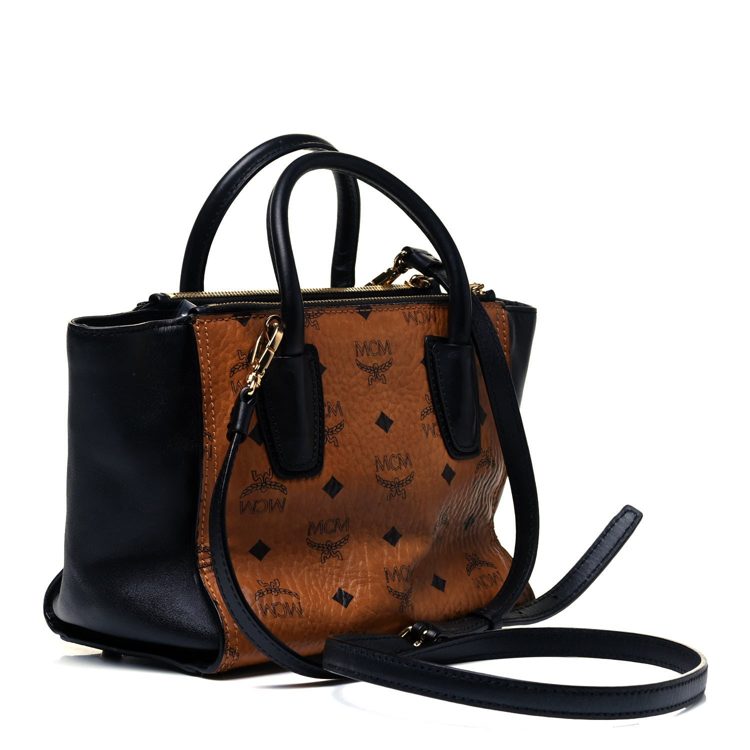 MCM Visetos Small Kathy Double Zip Tote Cognac Black 3 of 9