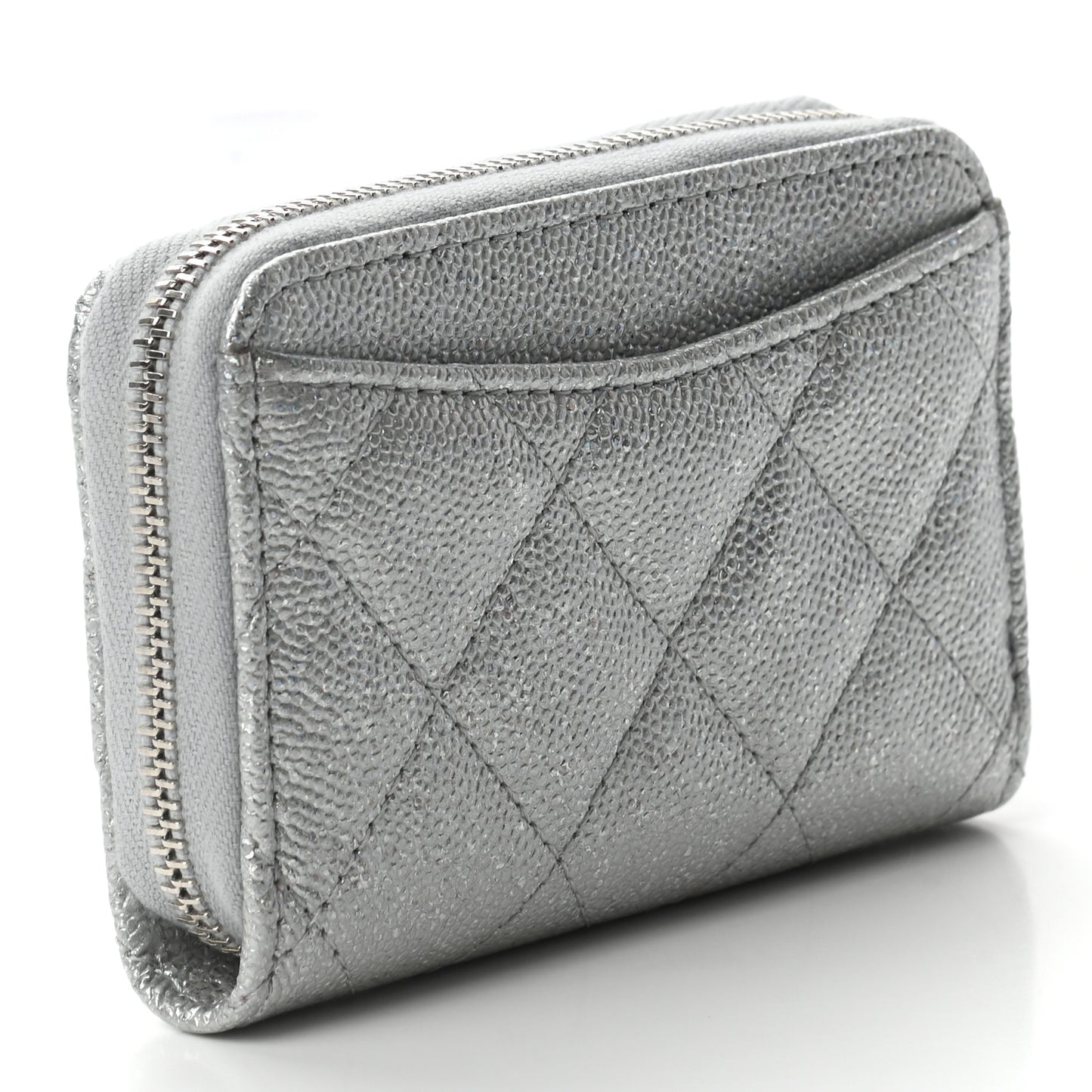 Glittered Metallic Caviar Quilted Zip Coin Purse Wallet Silver