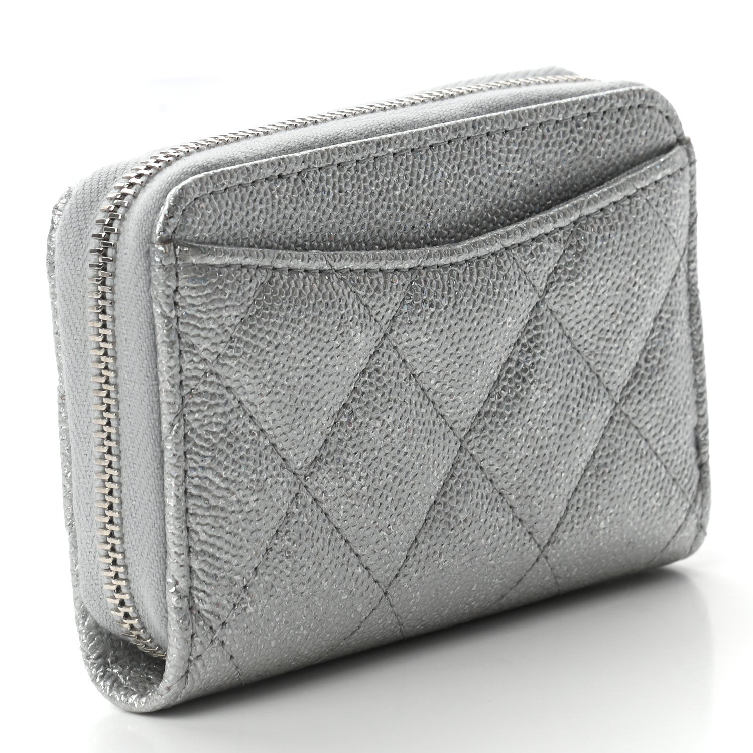 Chanel Glittered Metallic Caviar Quilted Zip Coin Purse Wallet Silver 3 of 7