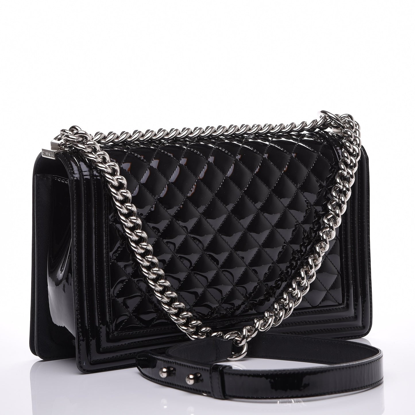 Patent Calfskin Quilted New Medium Plexiglass Boy Flap Black
