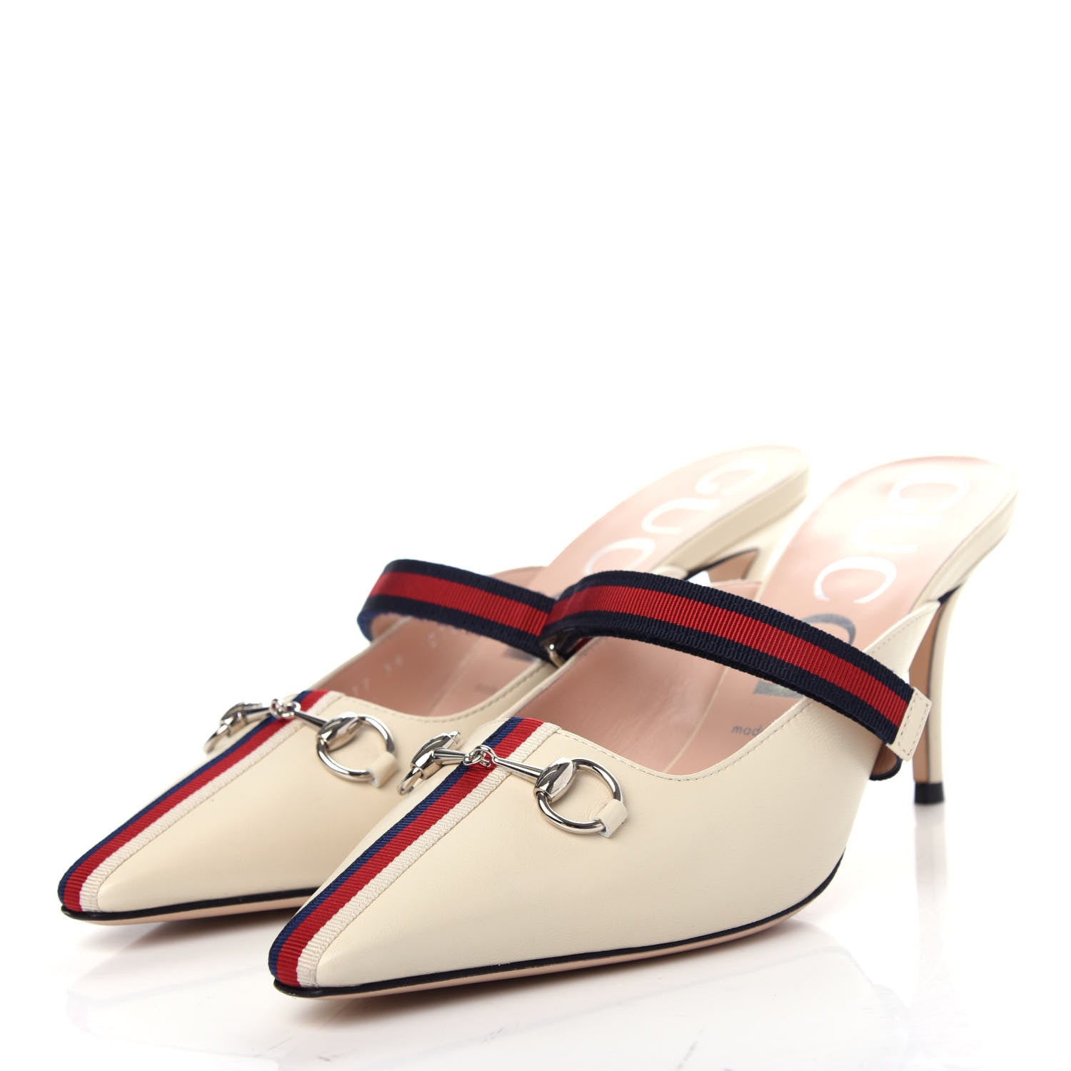 Gucci Malaga Kid Sylvie Web Cross Strap Mid-Heel Slides 39 Vintage White 3 of 11