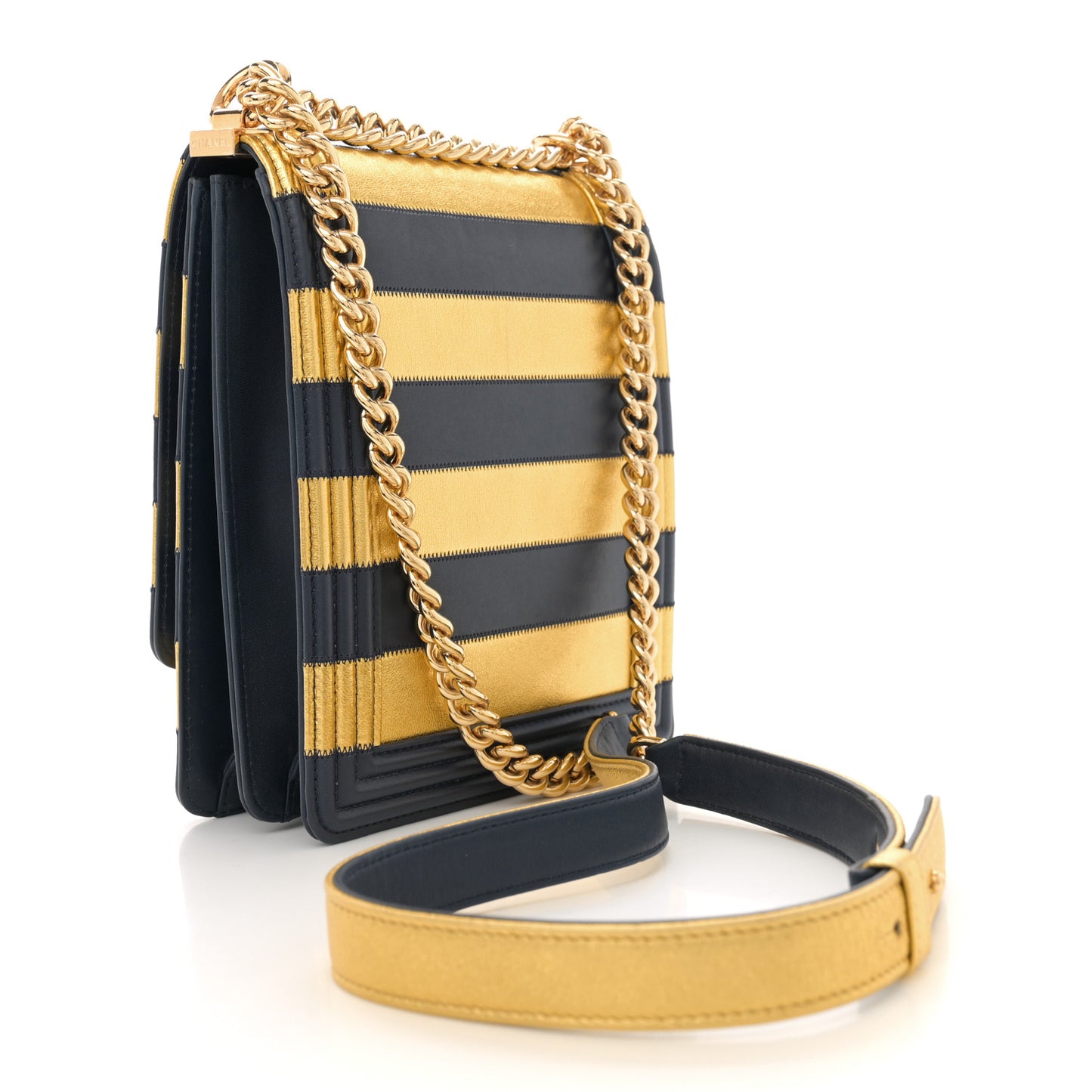 Metallic Lambskin Striped North South Boy Flap Navy Gold