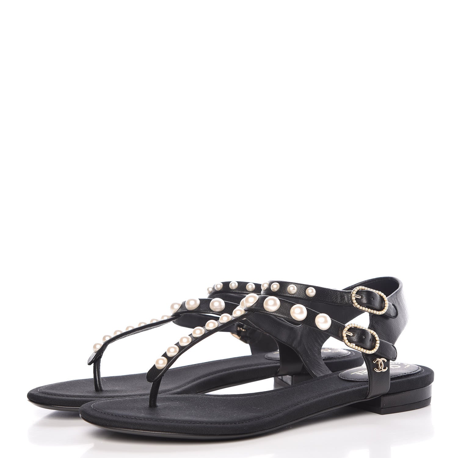 Chanel Lambskin Pearl Thong Sandals 35.5 Black 3 of 9
