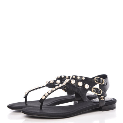 Chanel Lambskin Pearl Thong Sandals 35.5 Black 3 of 9