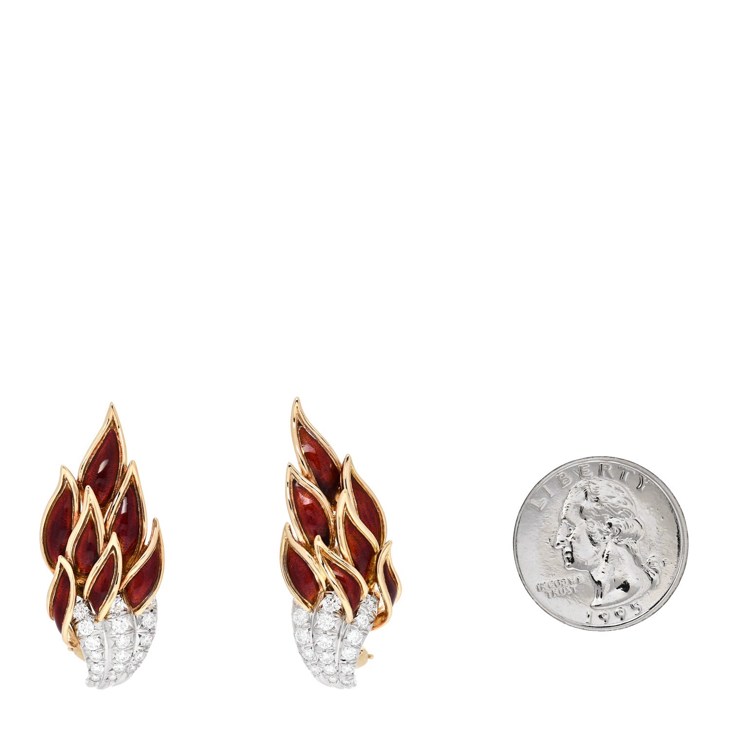 Tiffany 18K Yellow Gold Platinum Enamel Diamond Schlumberger Flame Earrings Red 2 of 5