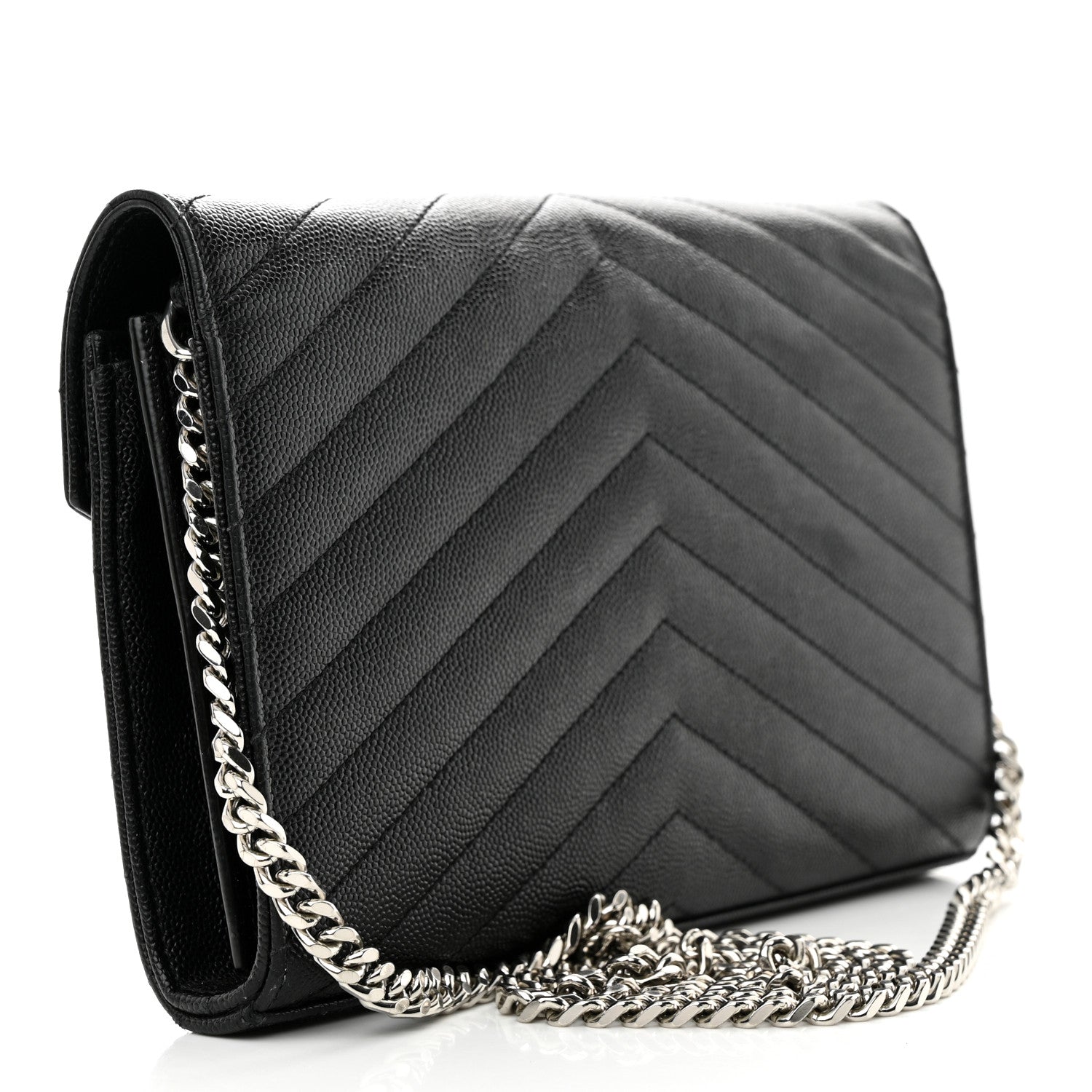 Saint Laurent Grain De Poudre Matelasse Chevron Monogram Chain Wallet Black 3 of 10