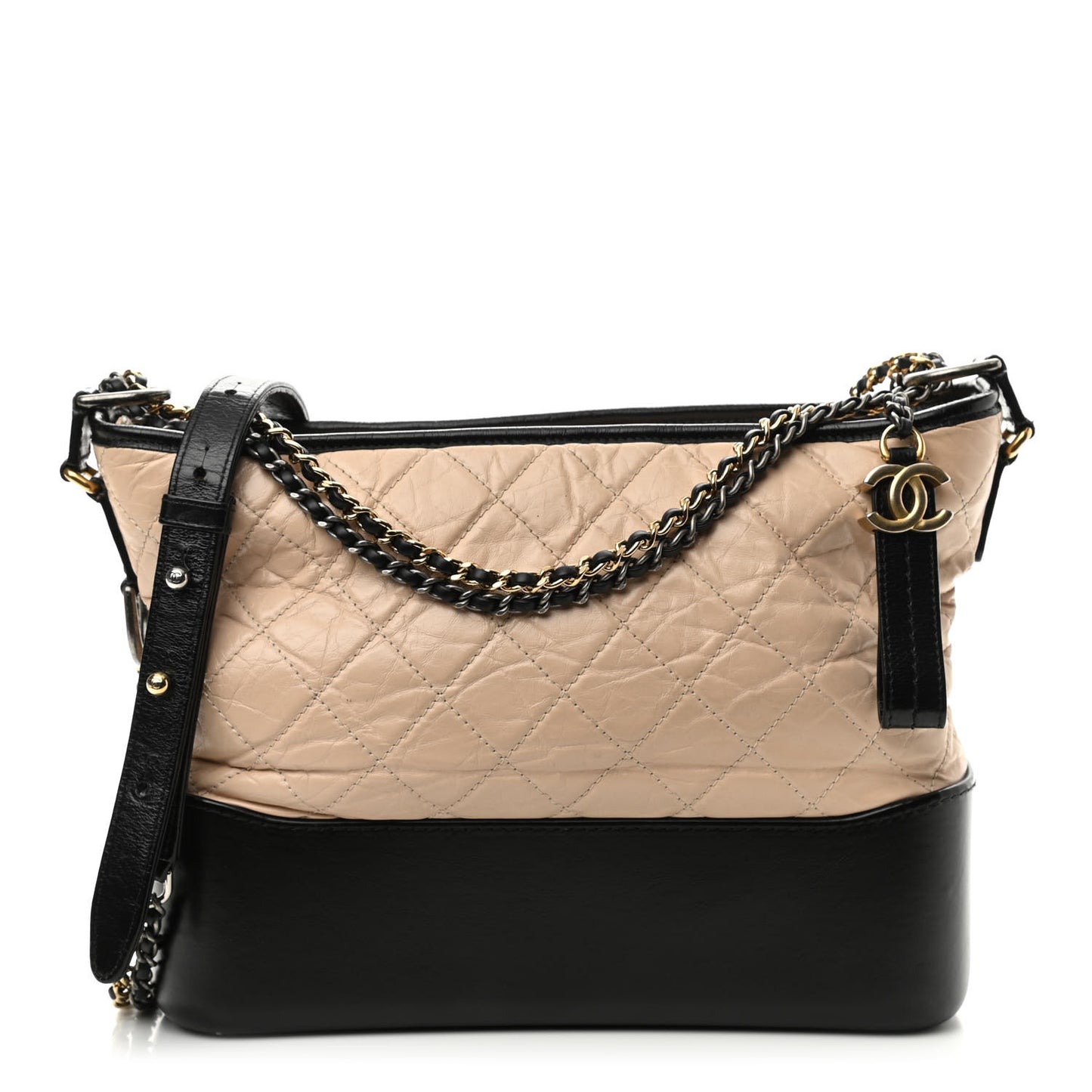 Aged Calfskin Quilted Medium Gabrielle Hobo Beige Black