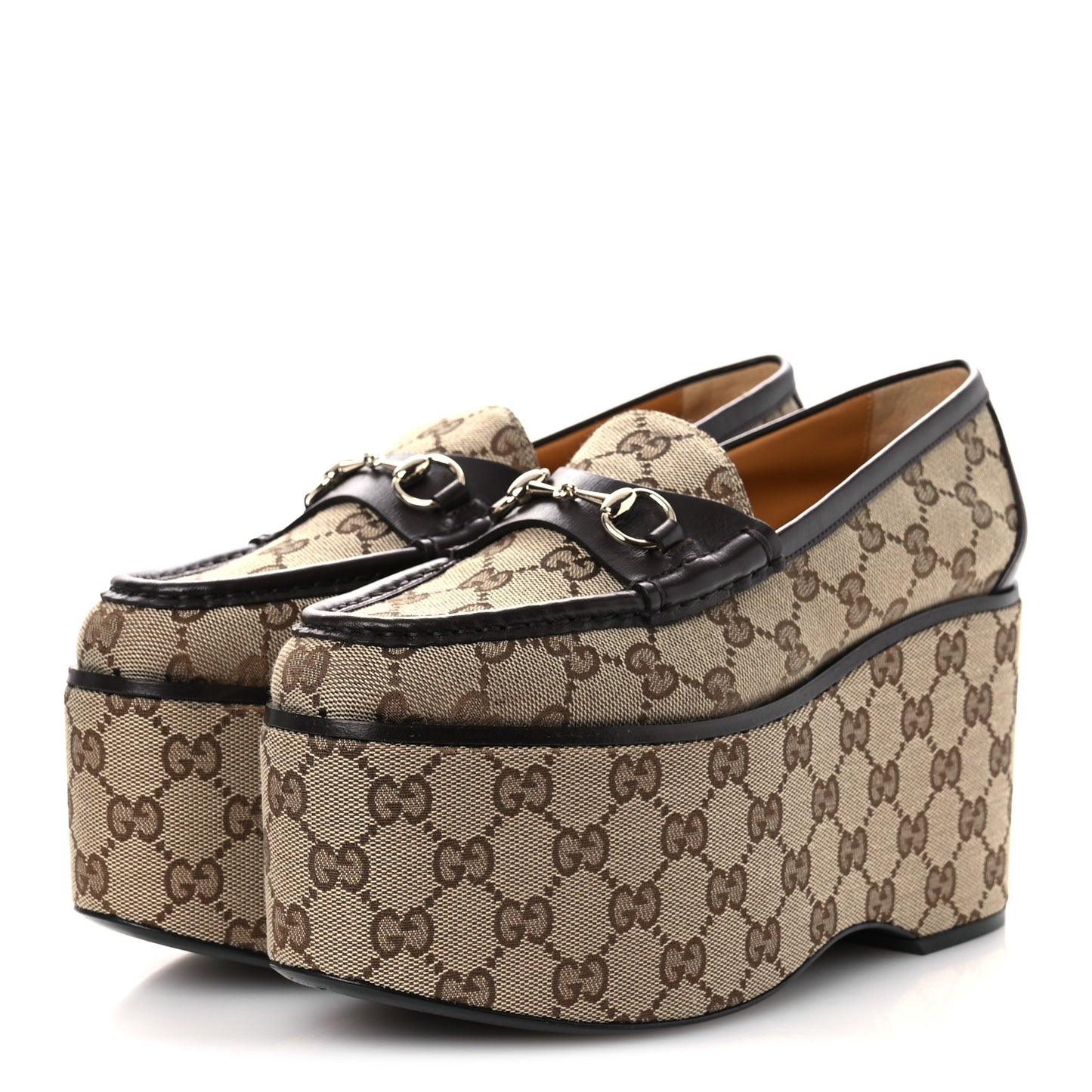 Canvas GG Monogram Horsebit Calfskin Womens Horsebit Platform Loafers 38.5 Beige Ebony