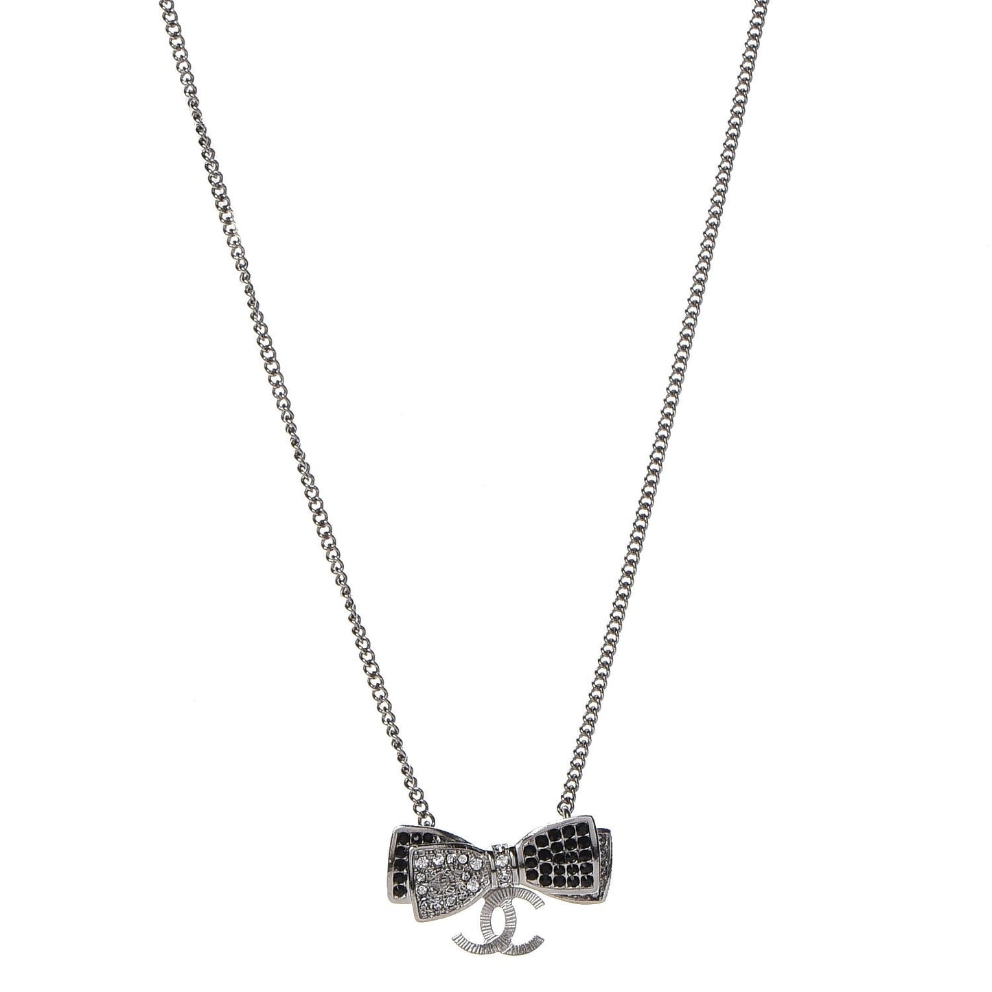 Crystal CC Bow Necklace Silver Black