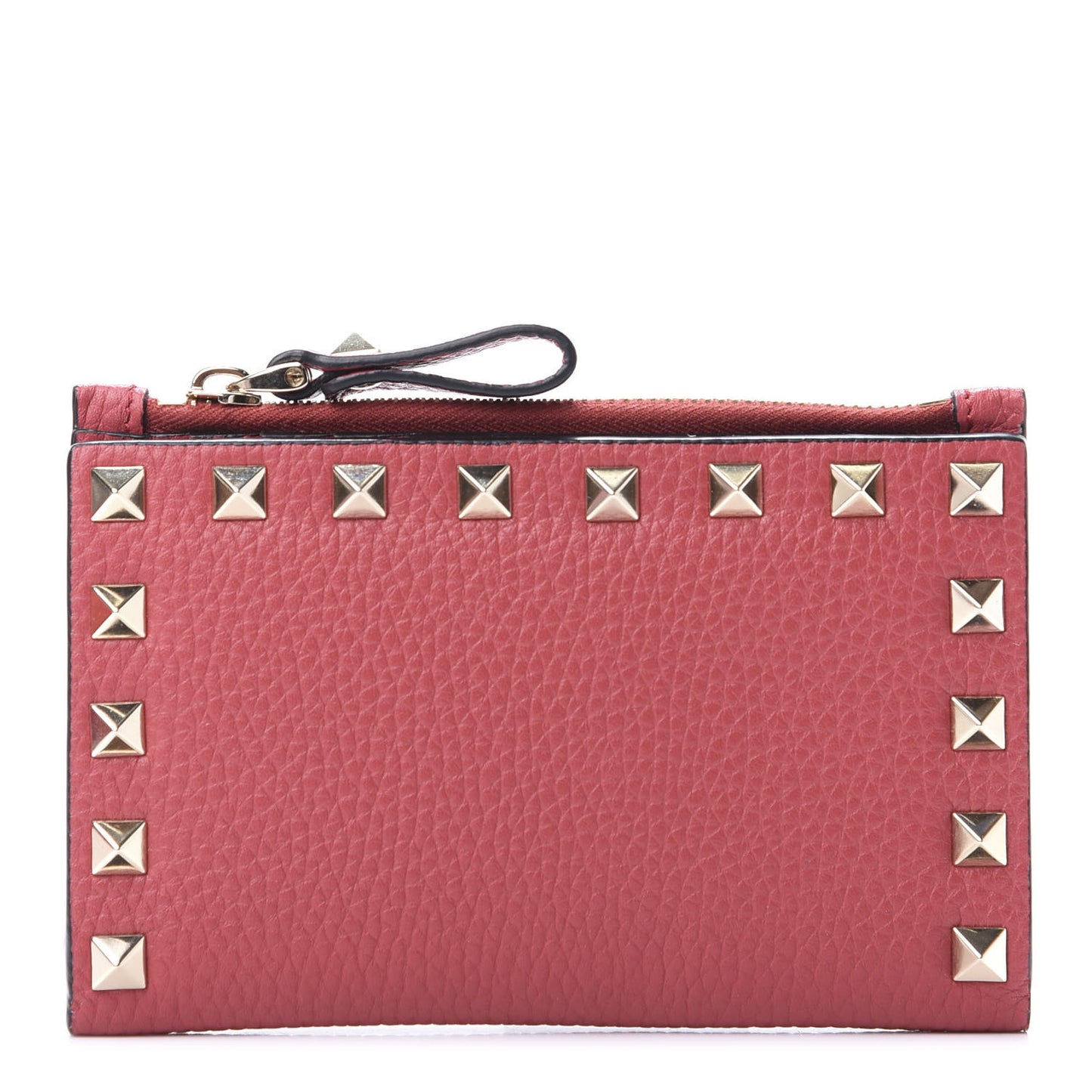 Pebbled Calfskin Rockstud Coin Case Card Holder Pink