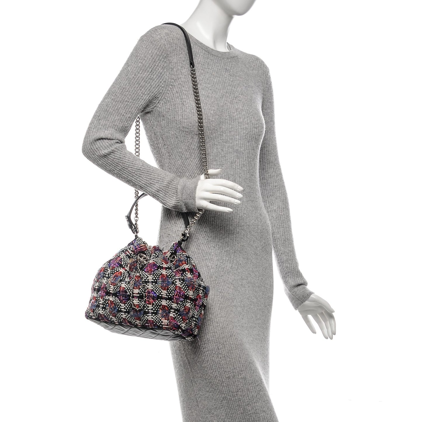 Tweed Lambskin Medium CC Chain Drawstring Tote Multicolor