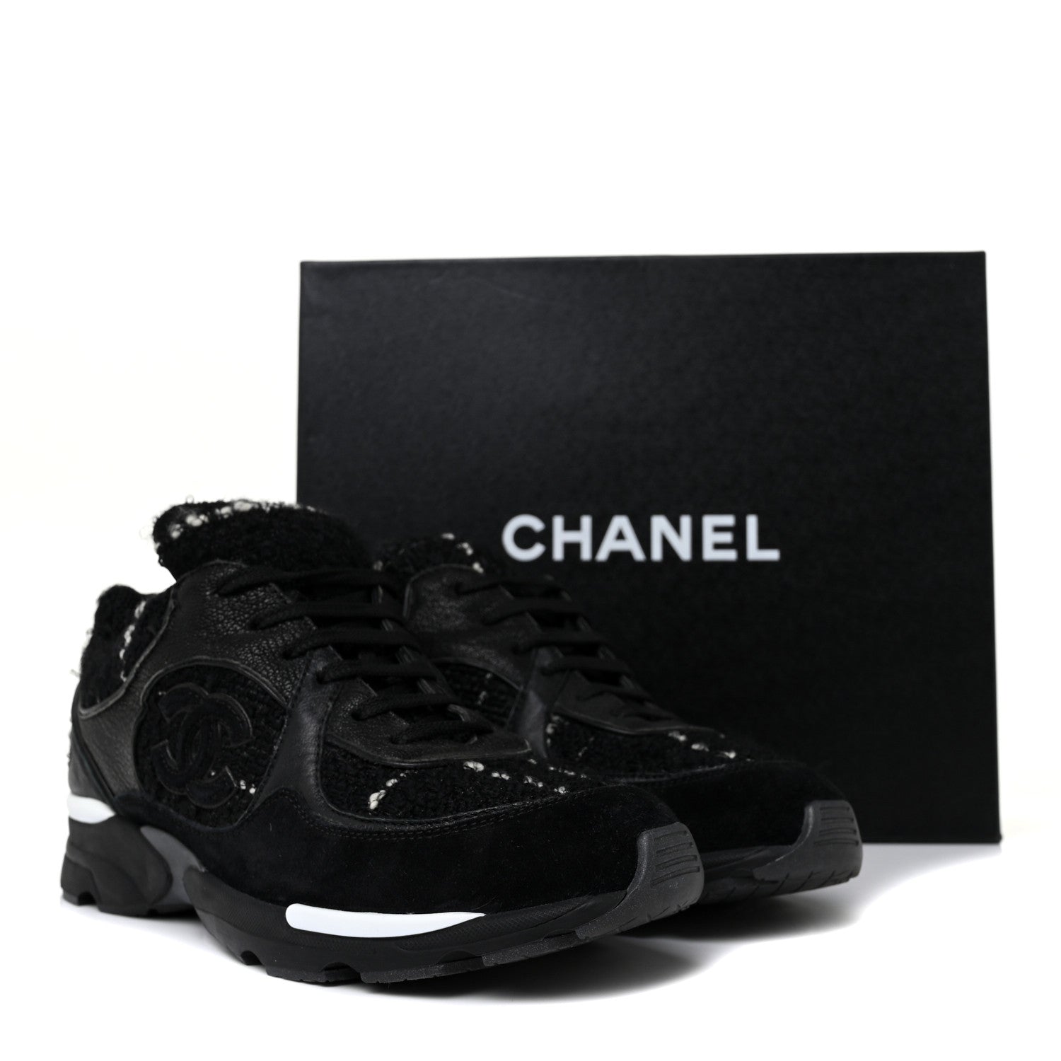 Chanel Tweed Suede Goatskin CC Sneakers 39.5 Black White 9 of 9