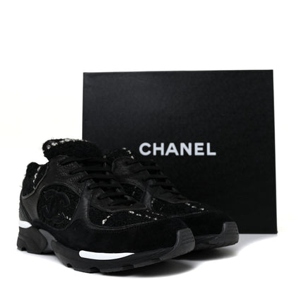 Chanel Tweed Suede Goatskin CC Sneakers 39.5 Black White 9 of 9
