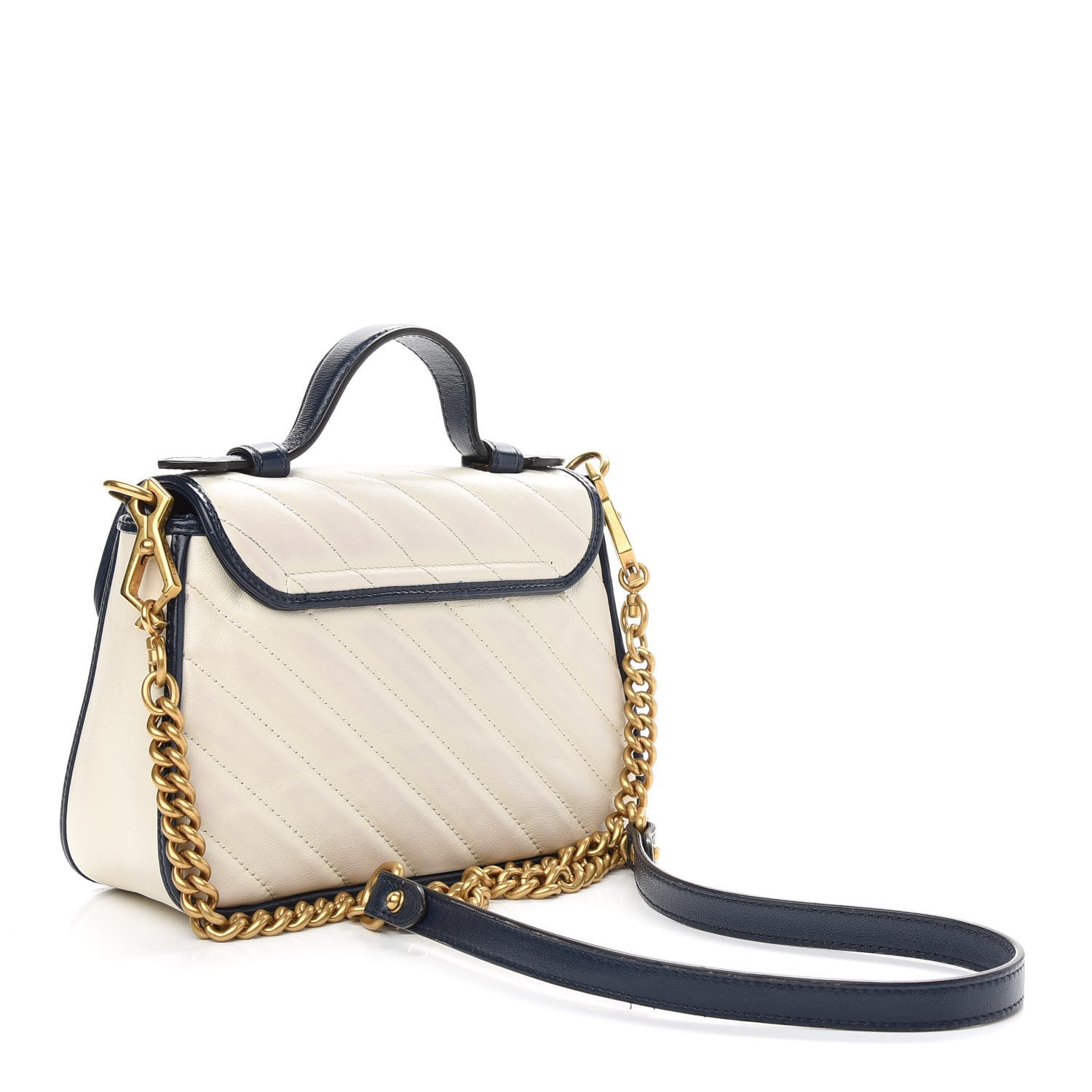 Gucci Vintage Effect Calfskin Matelasse Diagonal Mini Torchon GG Marmont Top Handle Shoulder Bag Mystic White Blue Agata 3 of 9