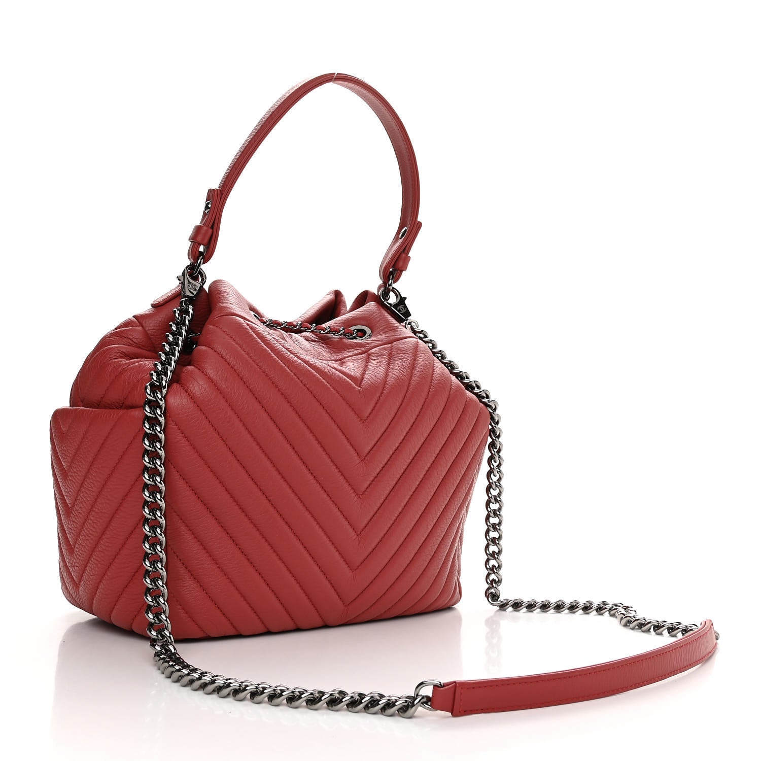 Chanel Deerskin Chevron Quilted Medium CC Chain Bucket Drawstring Bag Red 3 of 10