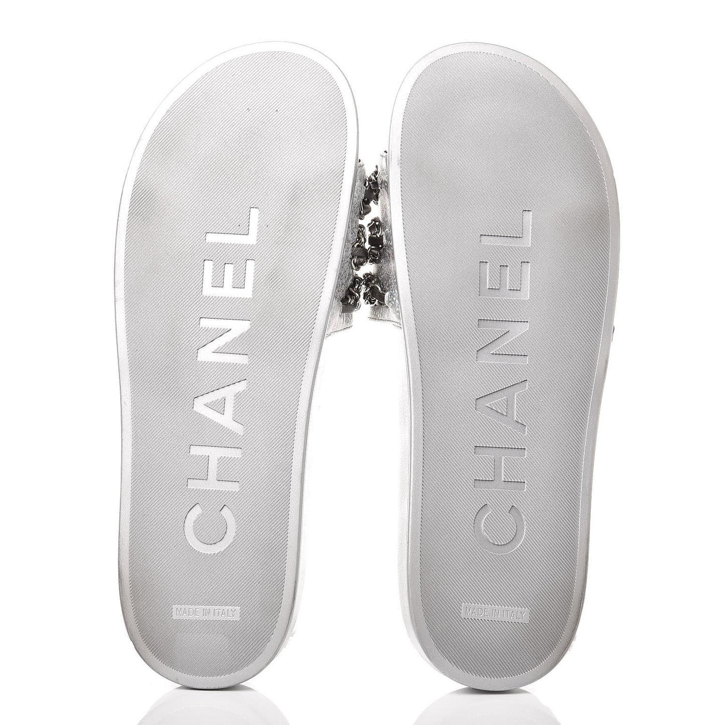 Metallic Lambskin Chain Flat Sandals 42 Silver