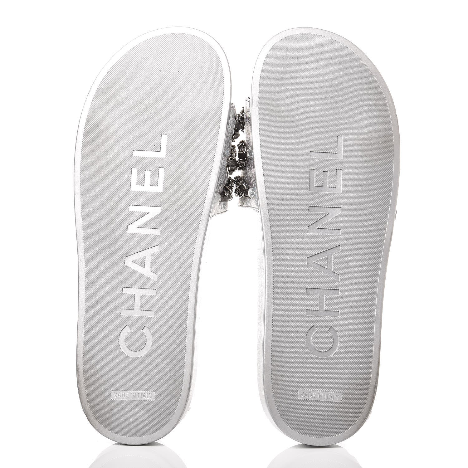 Chanel Metallic Lambskin Chain Flat Sandals 42 Silver 5 of 9