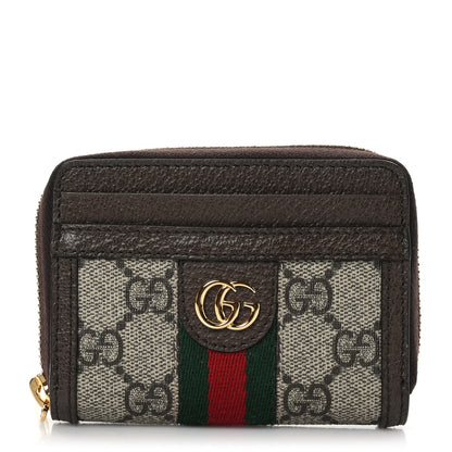 Gucci GG Supreme Monogram Textured Dollar Calfskin Web Ophidia Zip Around Card Case Wallet Beige Ebony New Acero 1 of 6
