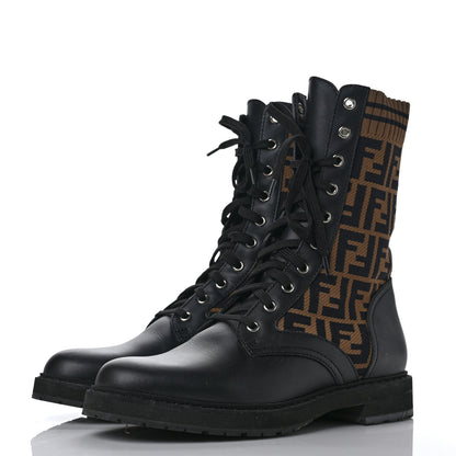 Fendi Calfskin Stretch Fabric FF Rockoko Biker Boots 40 Black Tobacco 3 of 11