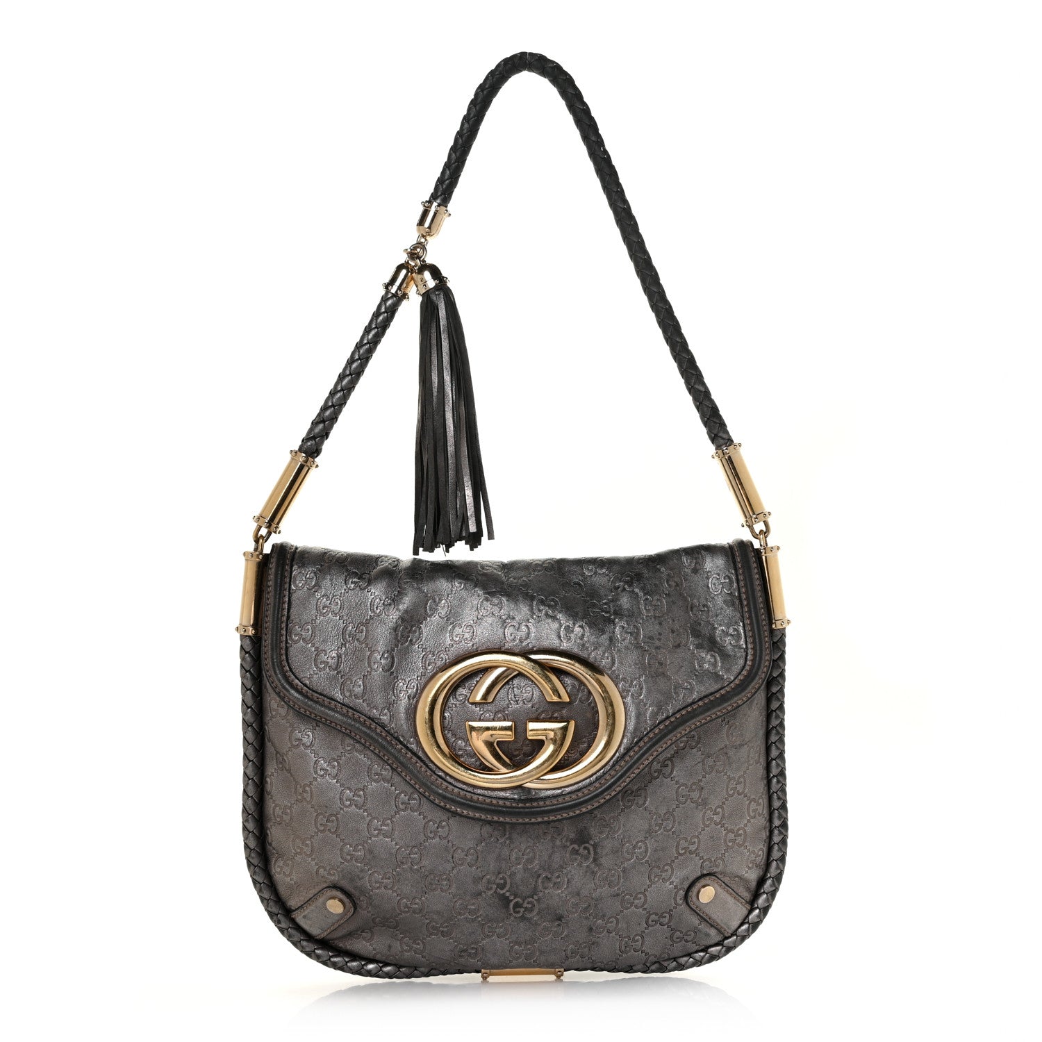 Gucci Guccissima Britt Tassel Shoulder Bag Gunmetal 1 of 12