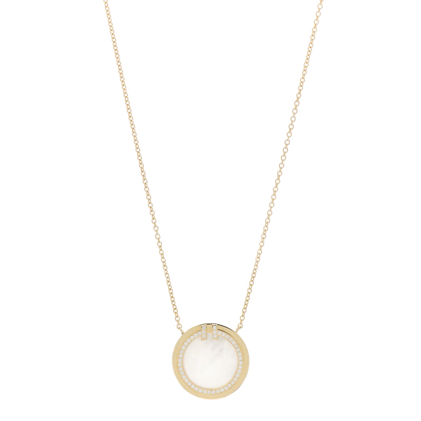 18K Yellow Gold Diamond Mother of Pearl T Circle Pendant Necklace