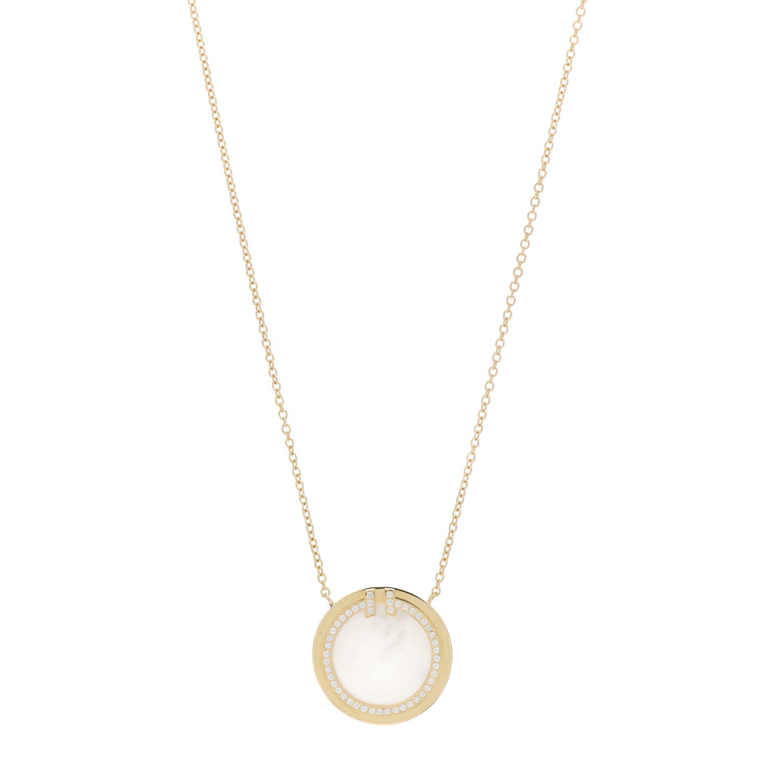 Tiffany 18K Yellow Gold Diamond Mother of Pearl T Circle Pendant Necklace 1 of 4
