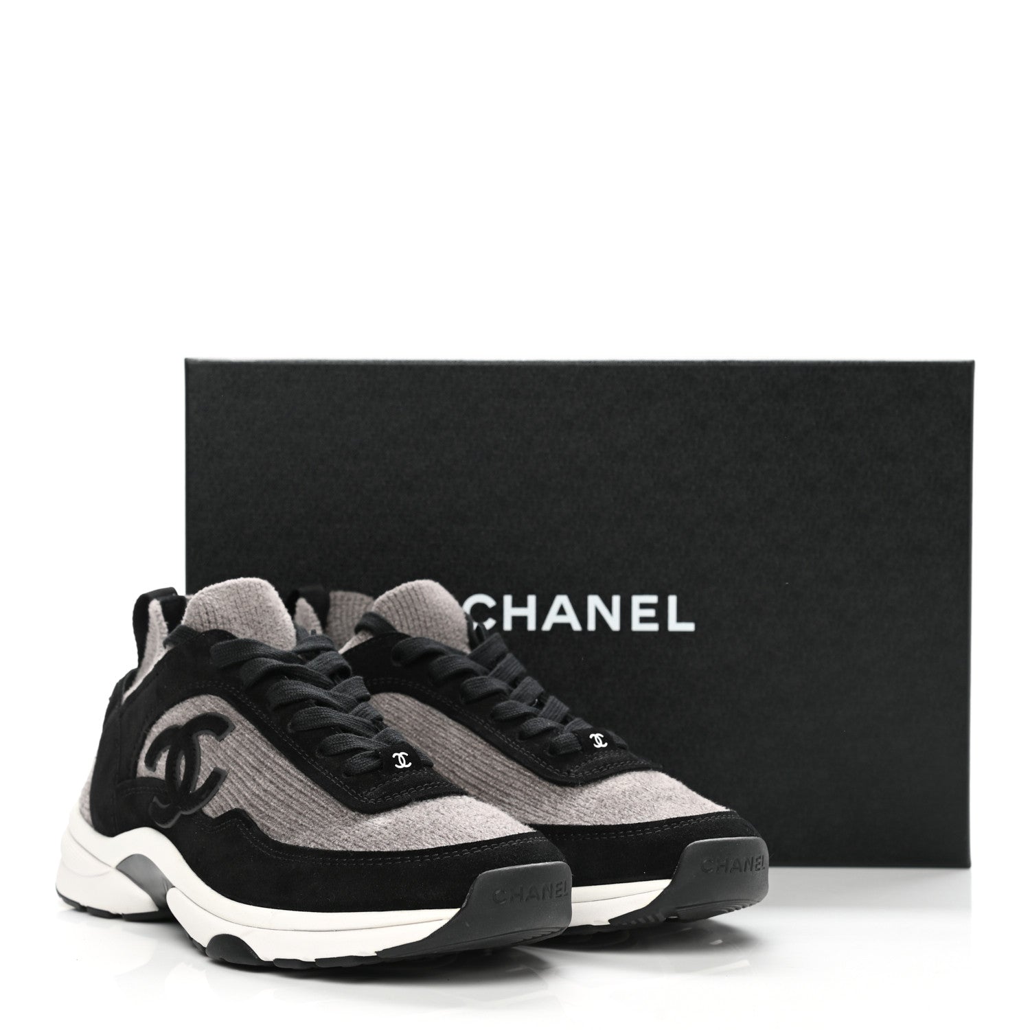 Chanel Fabric Suede Calfskin CC Sneakers 38.5 Grey Black 9 of 9